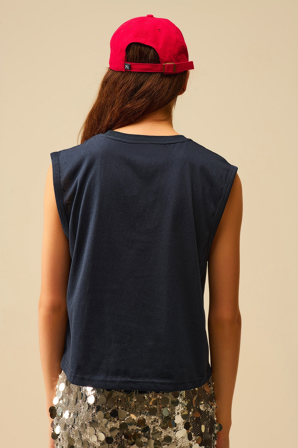 Camiseta sin mangas de algodón azul marino Q2