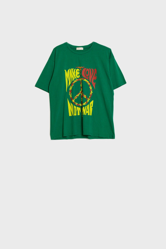 Q2 camiseta verde de manga corta con el logotipo Make love not war