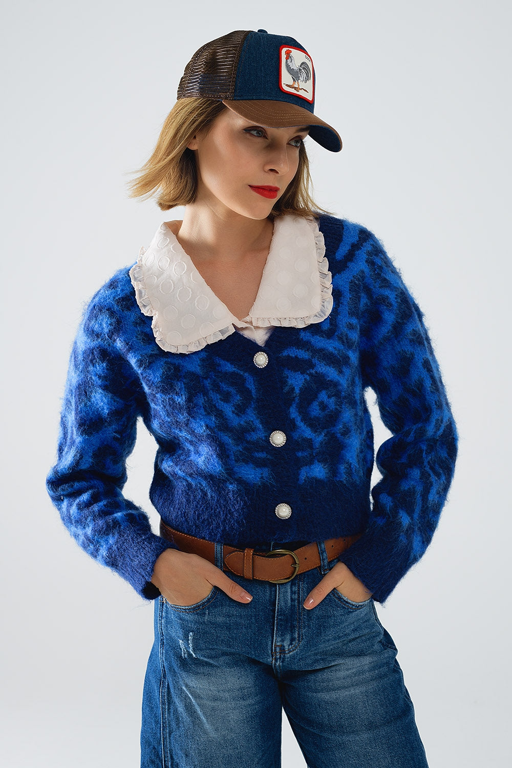 cárdigan azul con estampado de leopardo de punto con lana Q2