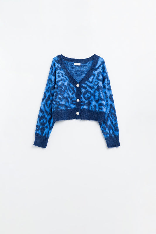 Q2 cárdigan azul con estampado de leopardo de punto con lana