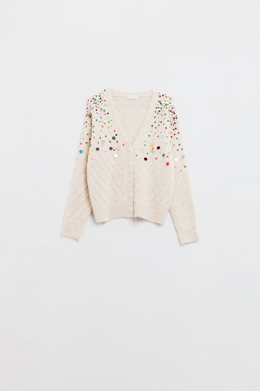 Q2 Cárdigan con cuello en V y lentejuelas bordadas multicolor en beige