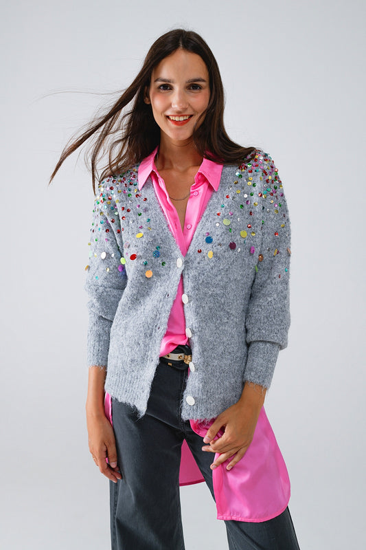 Q2 Cárdigan con cuello en V y lentejuelas bordadas multicolor en gris