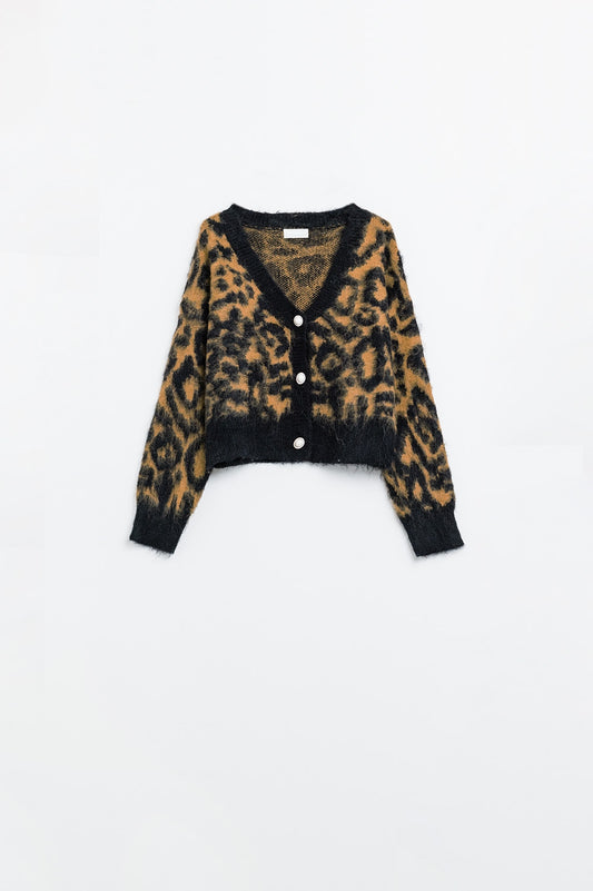 Q2 Cárdigan con estampado de leopardo confeccionado en tejido de punto con lana en color Camel
