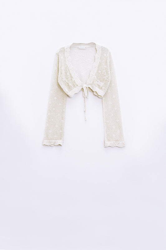 Q2 cárdigan corto de ganchillo beige con detalle de lúrex