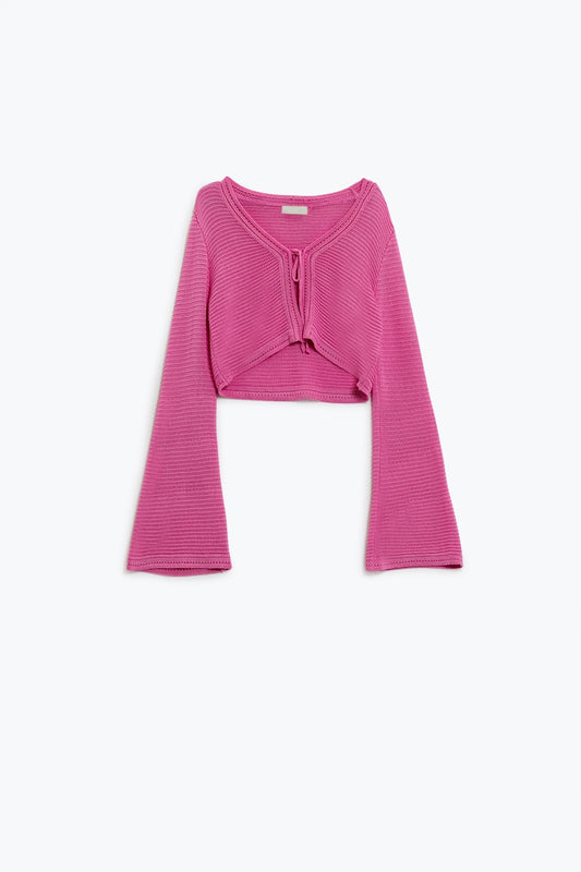 Q2 Cárdigan de punto de manga larga acampanada en fucsia Con detalle de nudo