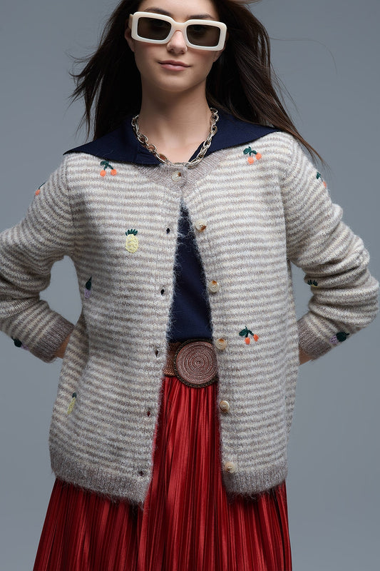 Q2 Cárdigan de rayas con cuello redondo y frutas bordadas en beige