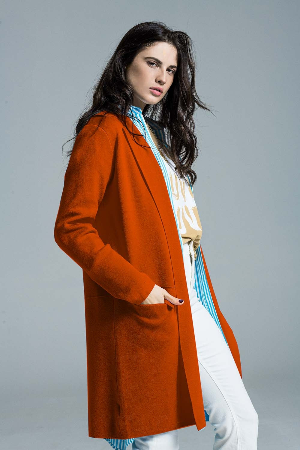 Cárdigan maxi de cuello oversize en naranja Q2