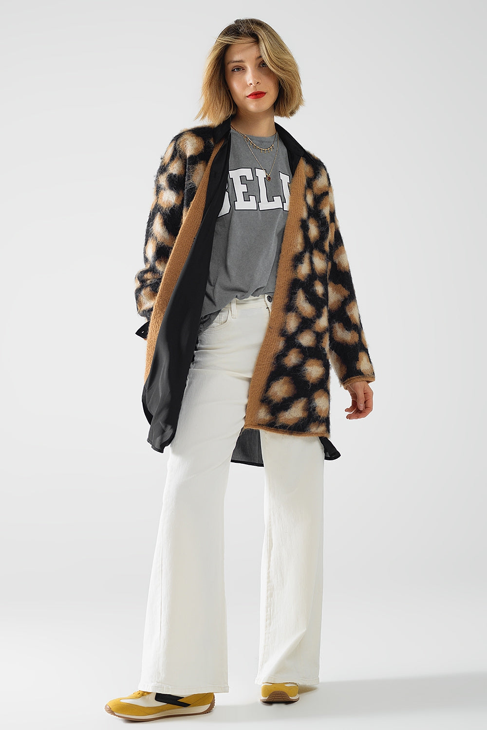 cárdigan negro con estampado de leopardo de punto con lana Q2