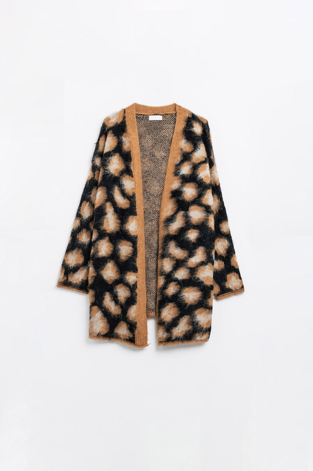 Q2 cárdigan negro con estampado de leopardo de punto con lana