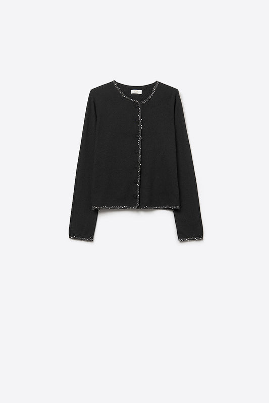 Q2 cárdigan negro de punto fino con detalle de strass