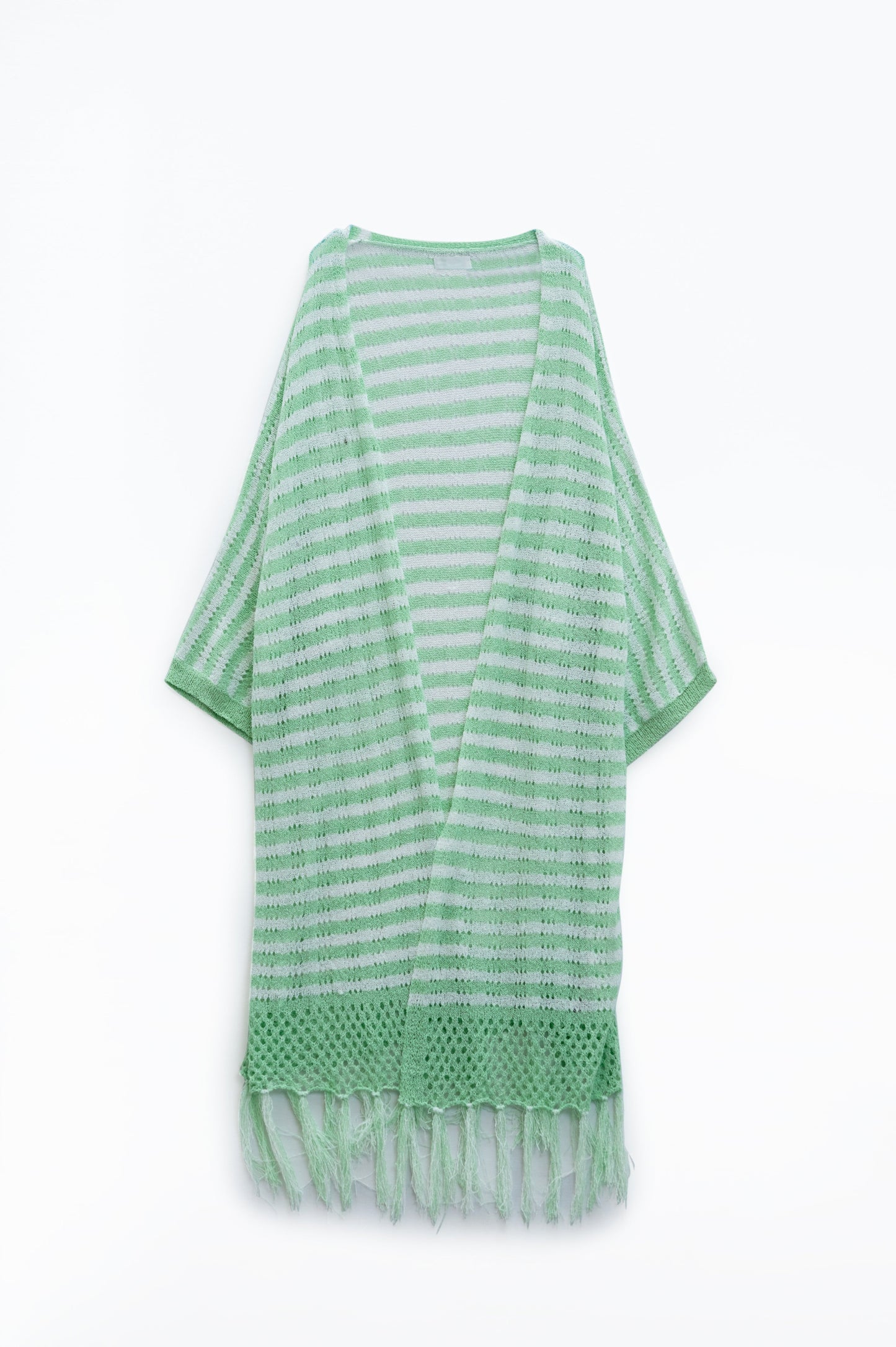 Cárdigan verde estilo boho con punto de pointelle a rayas y detalles de flecos Q2