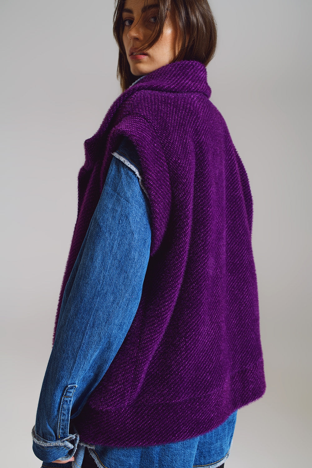 Chaleco de espiga abierto con cuello estilo chal en color morado Q2