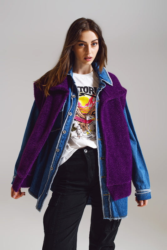 Q2 Chaleco de espiga abierto con cuello estilo chal en color morado