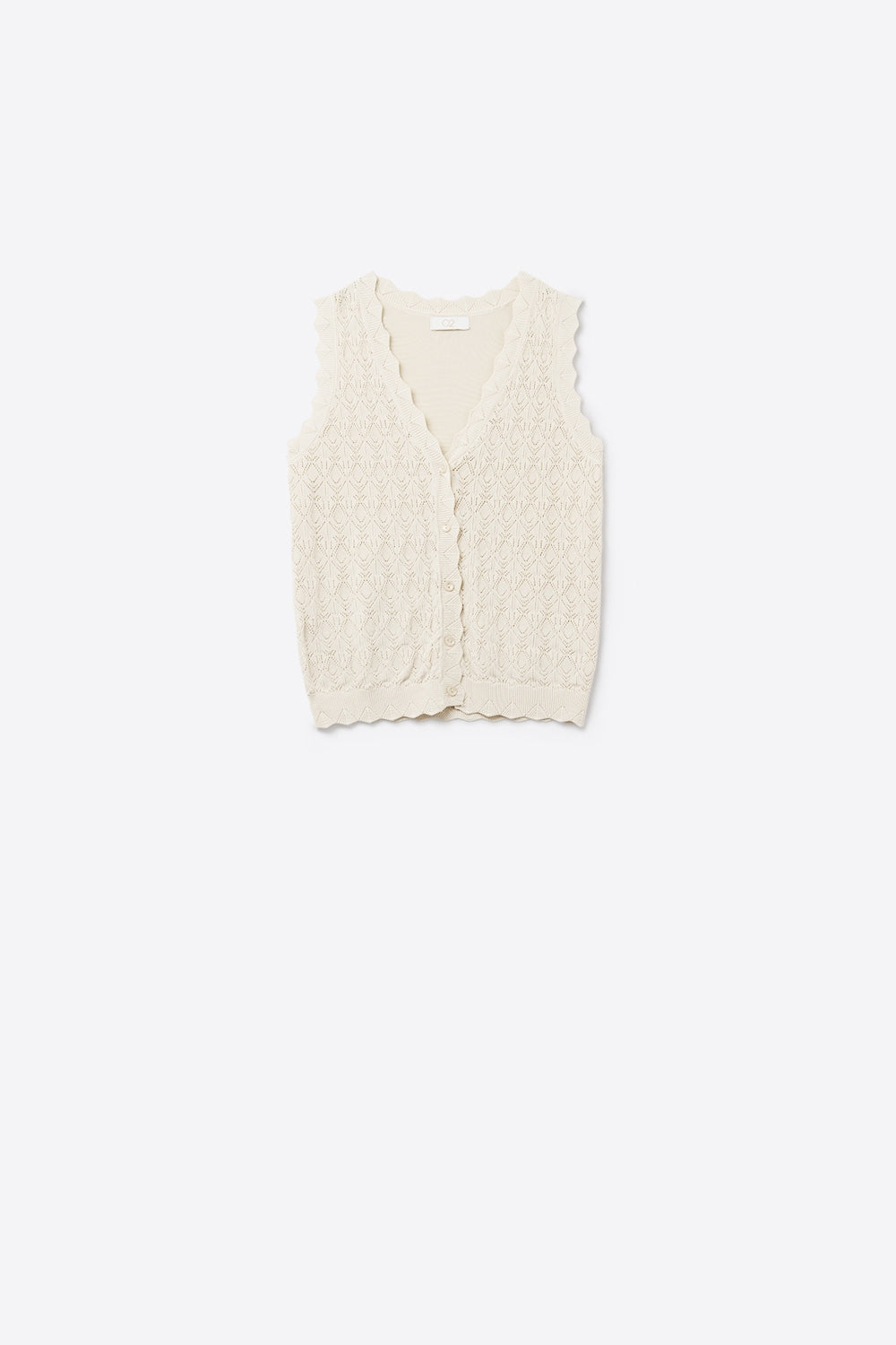 Q2 Chaleco de Punto Pointelle con Bordes Festoneados en Beige