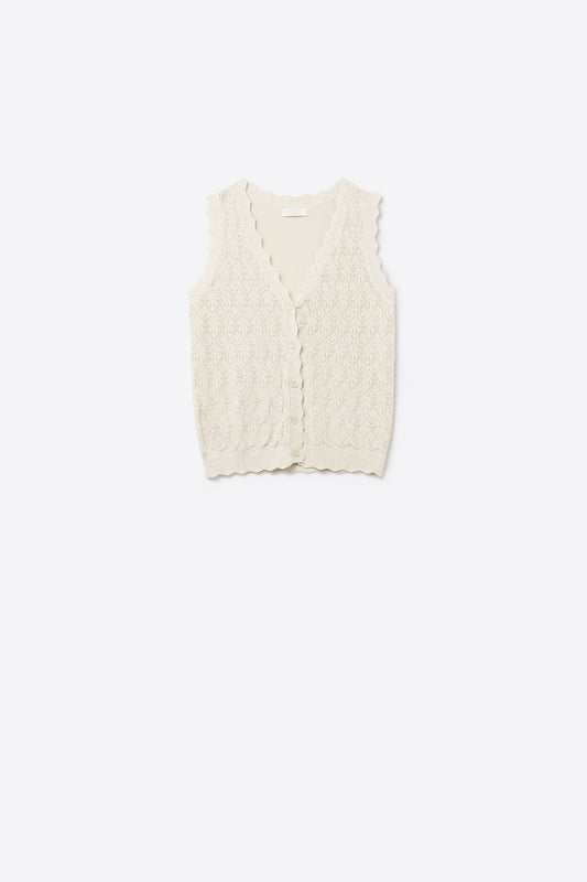 Q2 Chaleco de Punto Pointelle con Bordes Festoneados en Beige