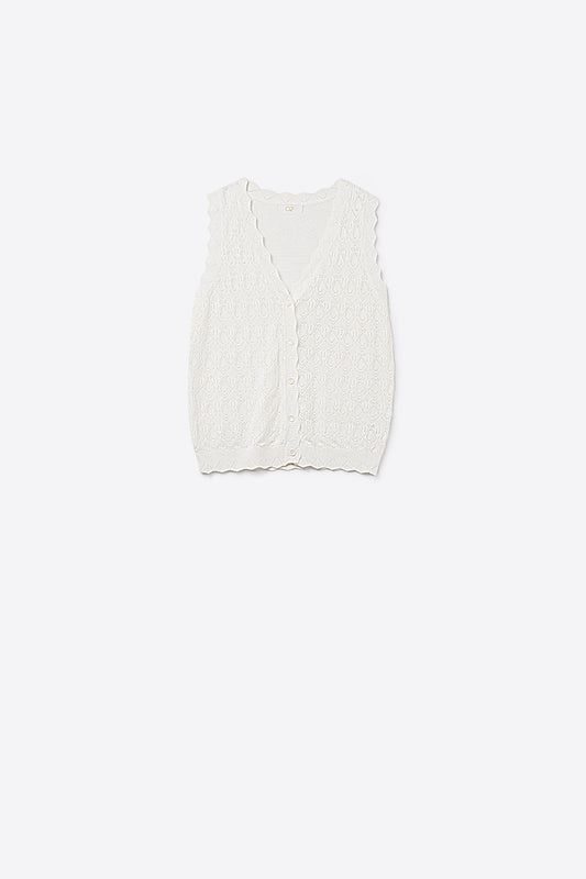 Q2 Chaleco de Punto Pointelle con Bordes Festoneados en Blanco