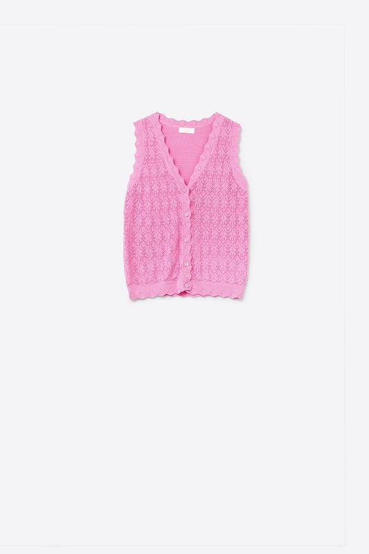 Q2 Chaleco de Punto Pointelle con Bordes Festoneados en Fucsia