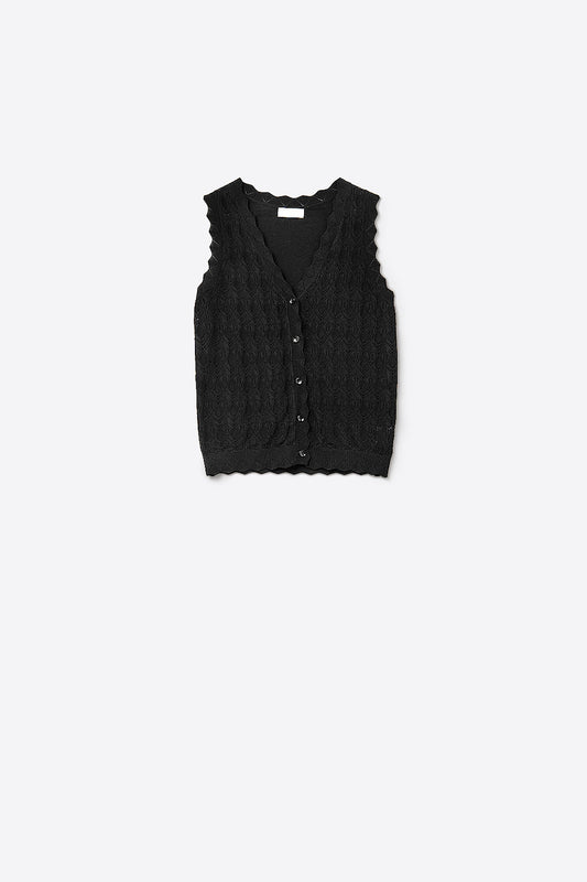 Q2 Chaleco de Punto Pointelle con Bordes Festoneados en Negro