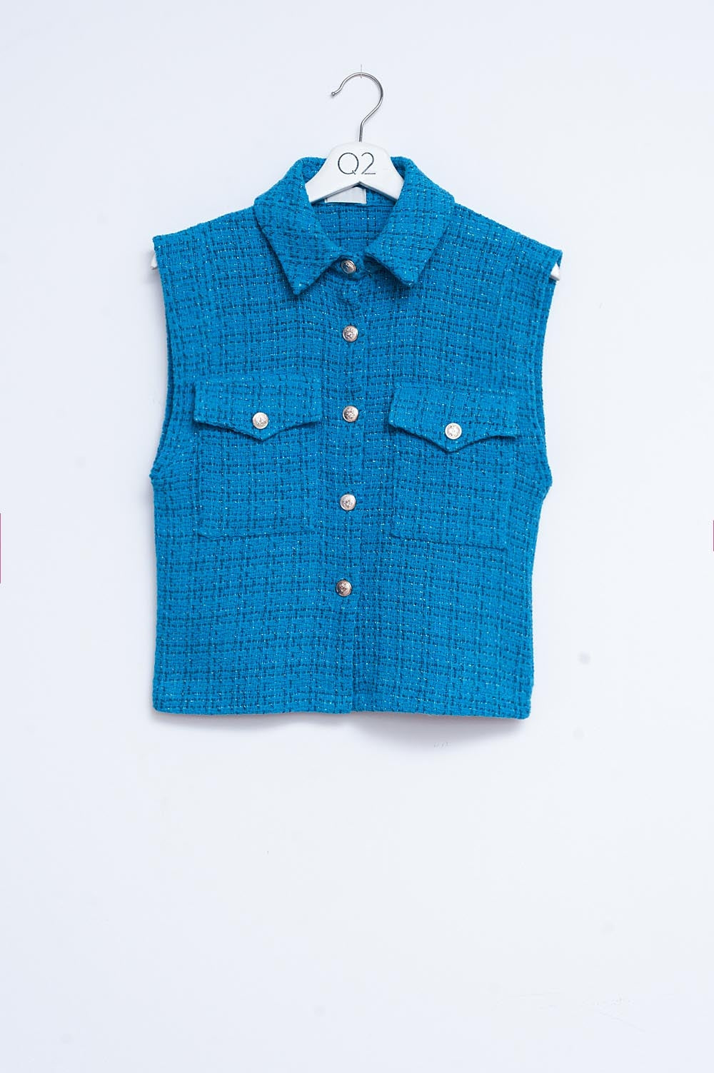 Q2 Chaleco de traje azul de sastre de bouclé