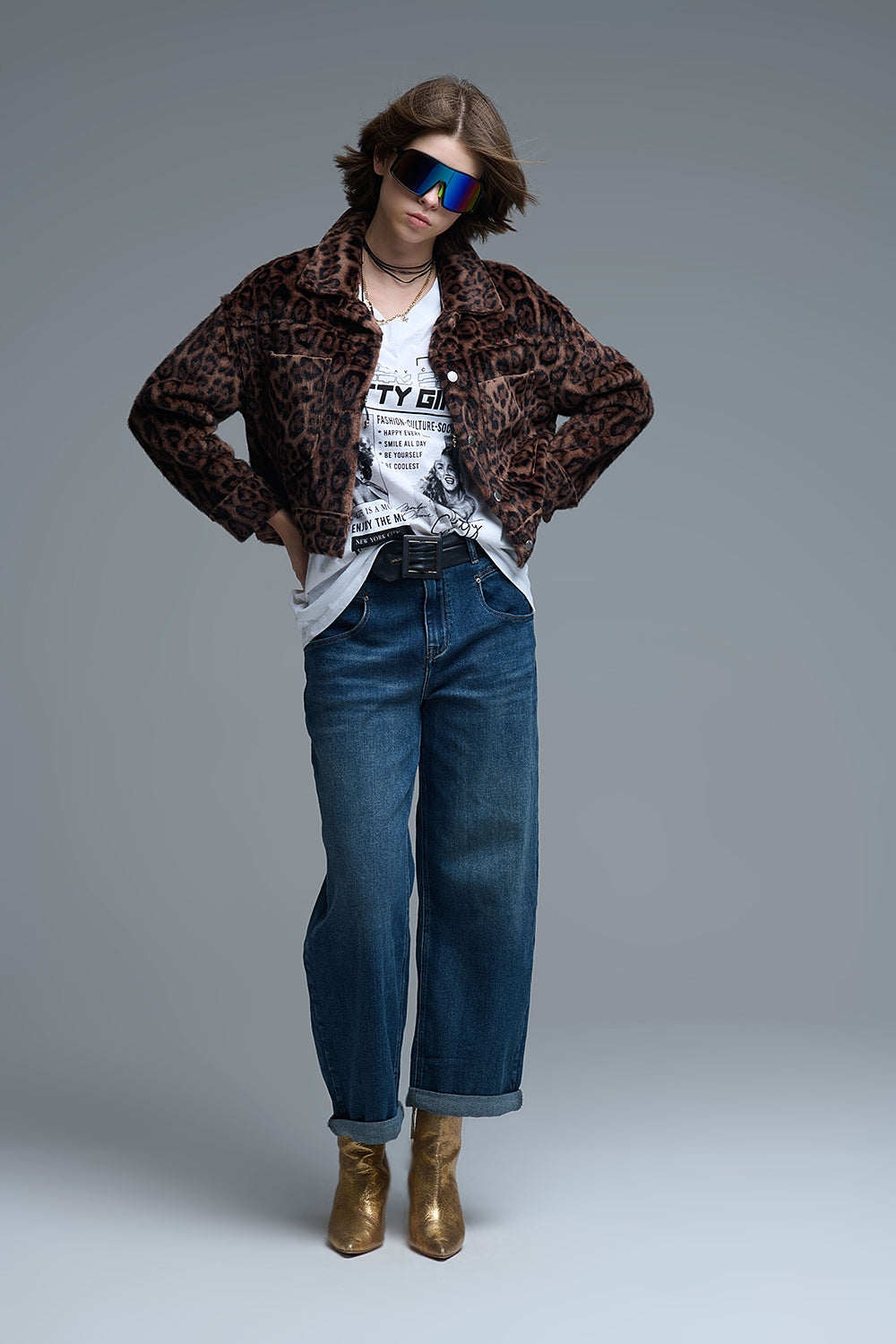 Chaqueta abotonada de felpa sintética con atrevido estampado de leopardo Q2