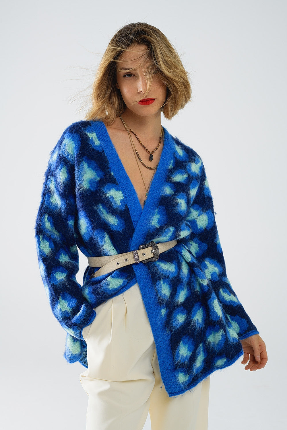Chaqueta azul de lana con estampado de leopardo Q2