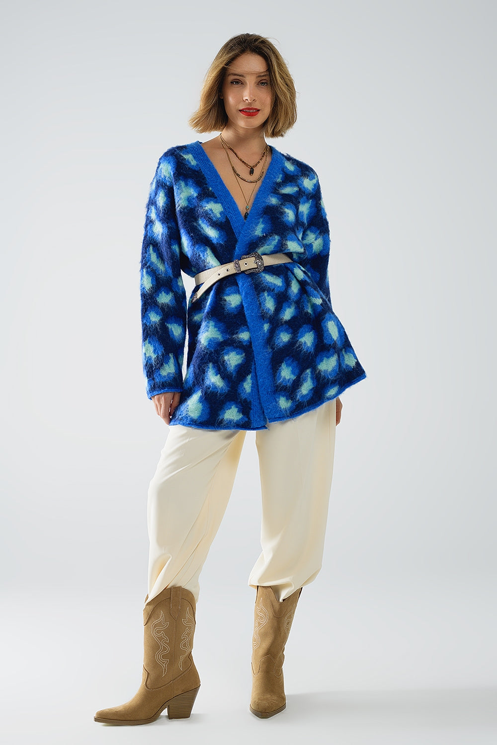 Chaqueta azul de lana con estampado de leopardo Q2