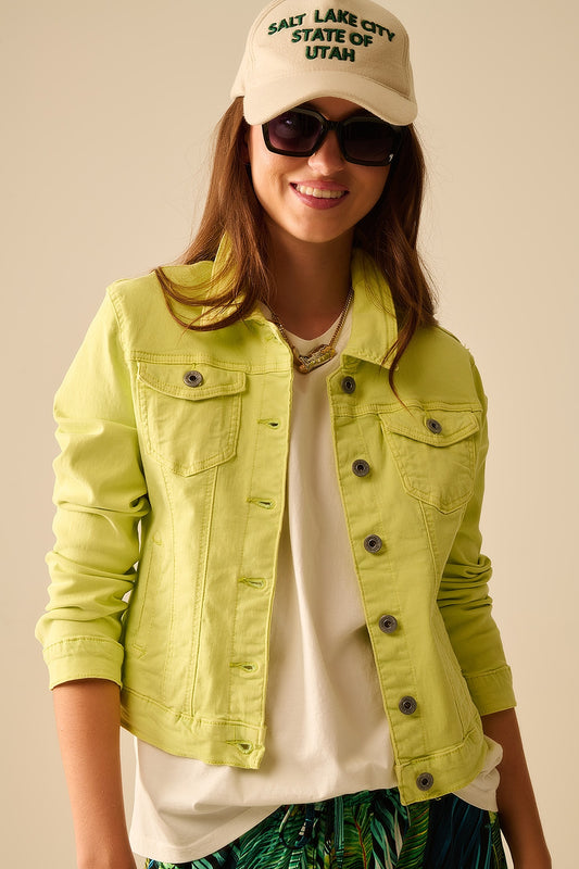 Q2 Chaqueta básica vaquera elástica con bolsillos en color lima