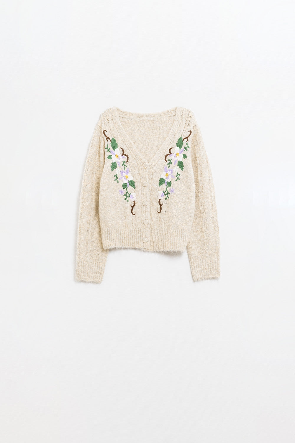 Q2 Chaqueta de punto beige con flores bordadas