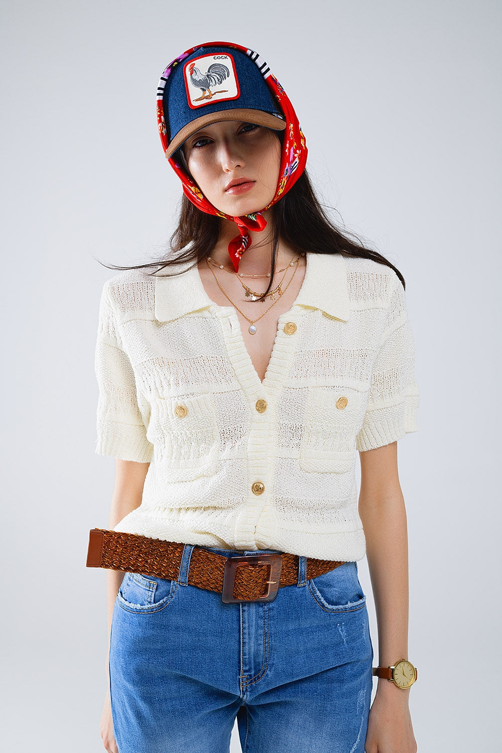 Chaqueta de punto Camisa abotonada con bolsillos en el pecho Q2