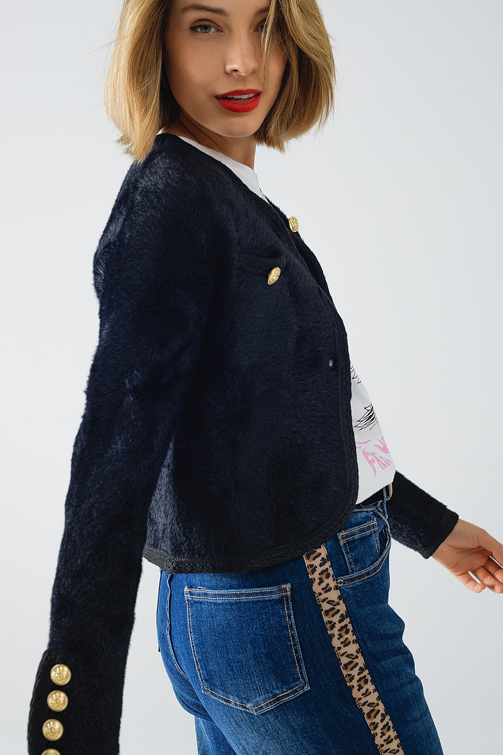 Chaqueta de punto extra suave y esponjosa de alta calidad en negro Q2