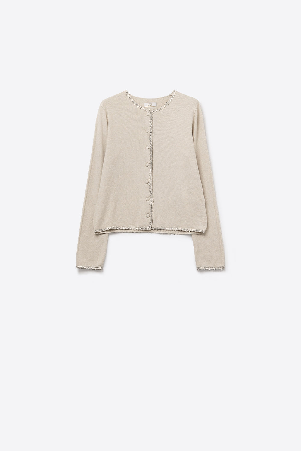 Q2 chaqueta de punto fino beige con detalle de strass