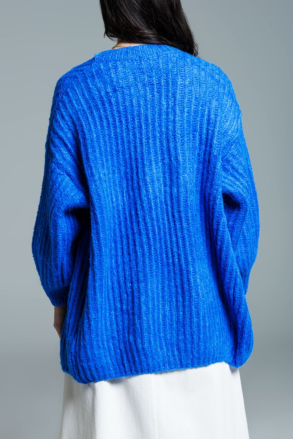 Chaqueta de punto grueso con manga 3/4 en azul real Q2