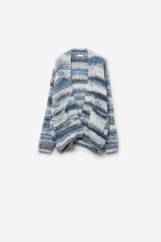 Q2 Chaqueta larga de rayas jaspeadas con bolsillos en azul
