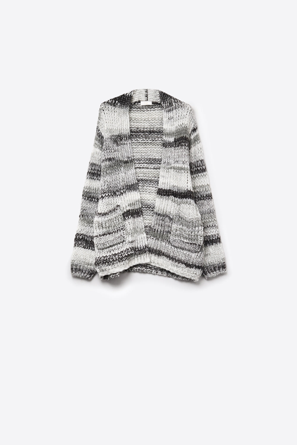 Q2 Chaqueta larga de rayas jaspeadas con bolsillos en negro