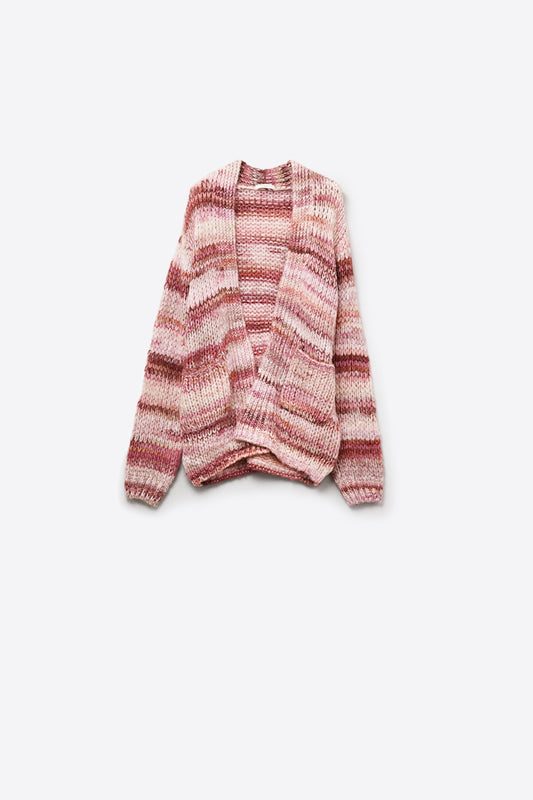 Q2 Chaqueta larga de rayas jaspeadas con bolsillos en rosa