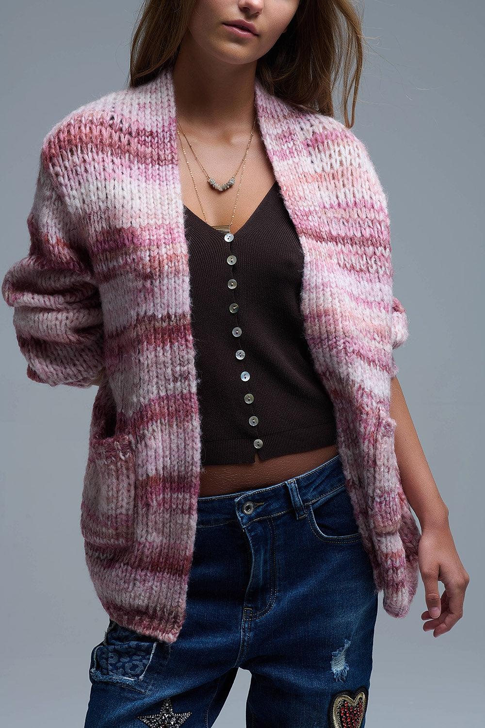Chaqueta larga de rayas jaspeadas con bolsillos en rosa Q2