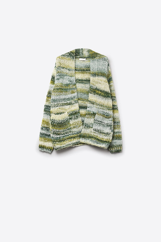Q2 Chaqueta larga de rayas jaspeadas con bolsillos en verde