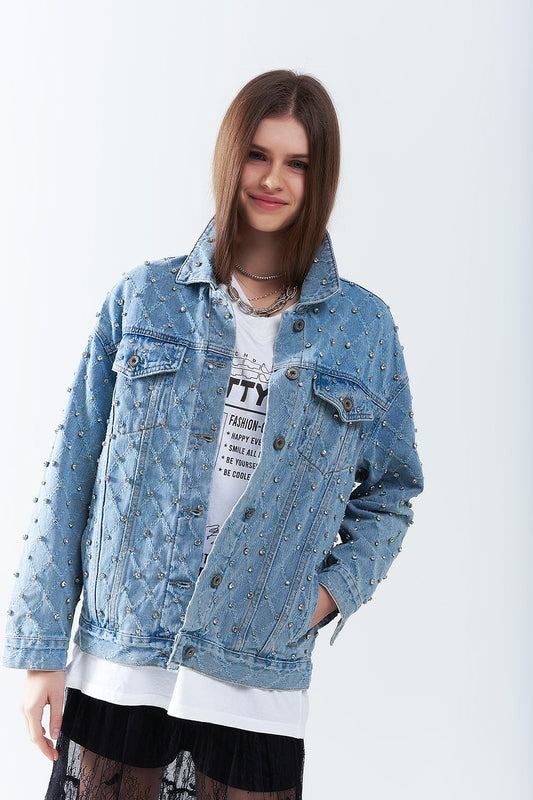 Q2 Chaqueta vaquera ancha con pedrería en estampado de rombos