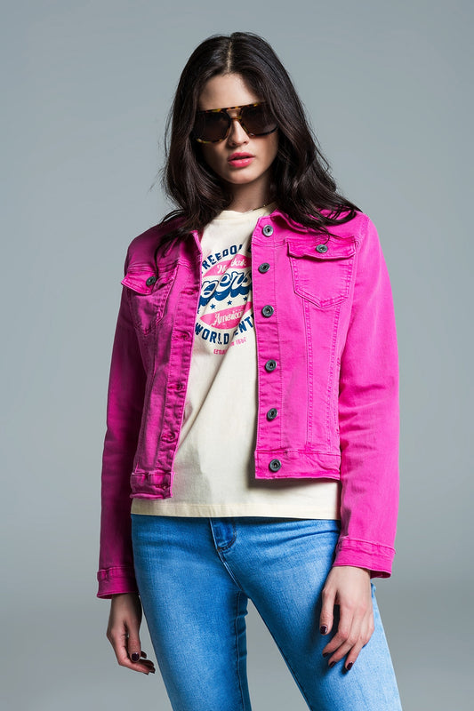 Q2 Chaqueta vaquera básica con bolsillos en rosa