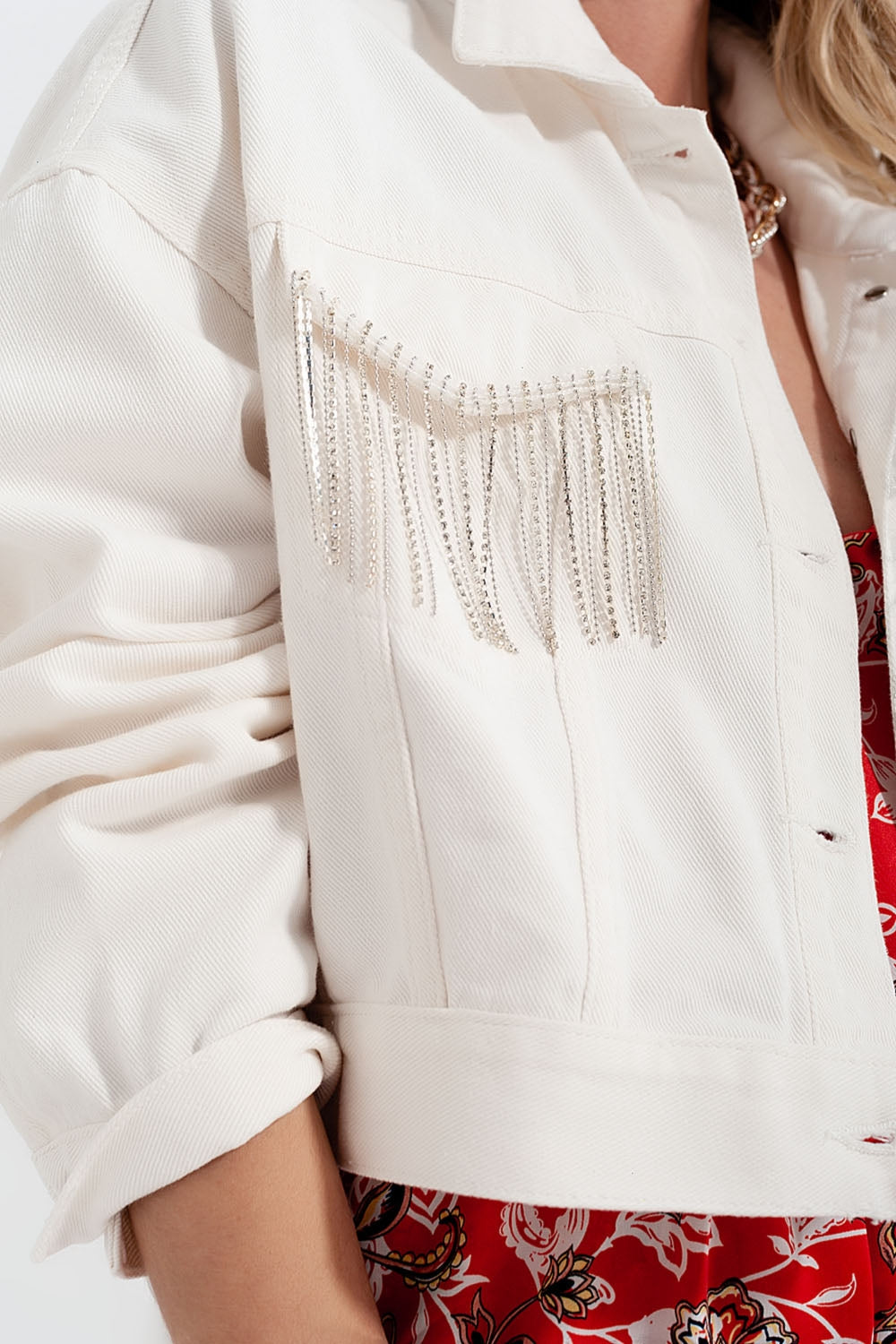 Chaqueta vaquera blanco con flecos de strass Q2