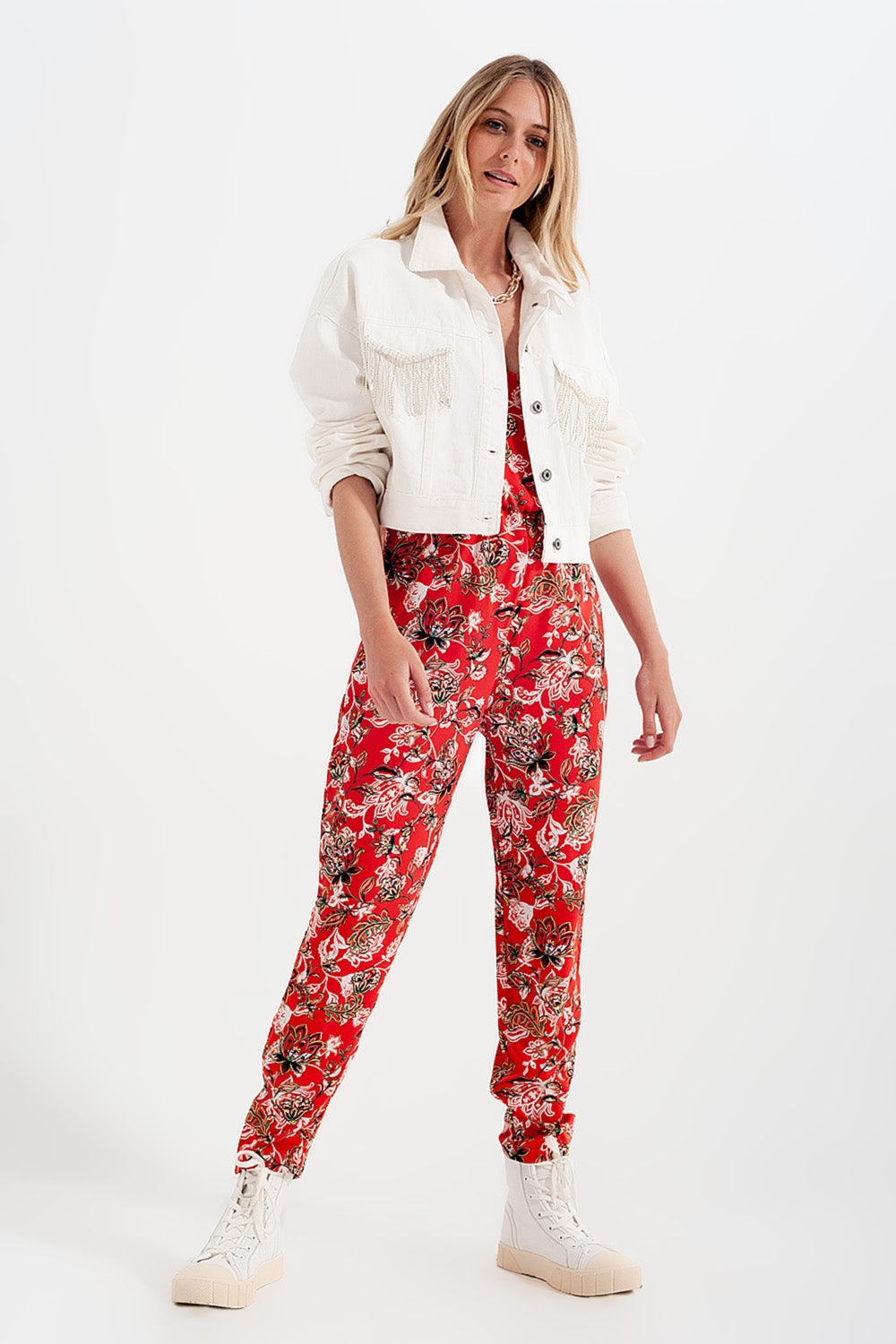 Chaqueta vaquera blanco con flecos de strass Q2