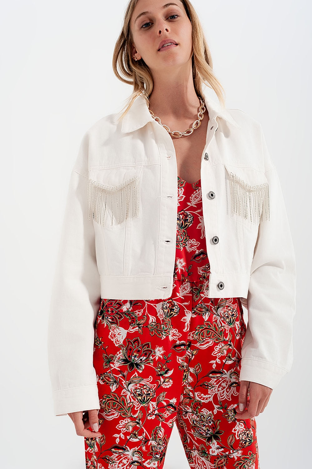 Chaqueta vaquera blanco con flecos de strass Q2