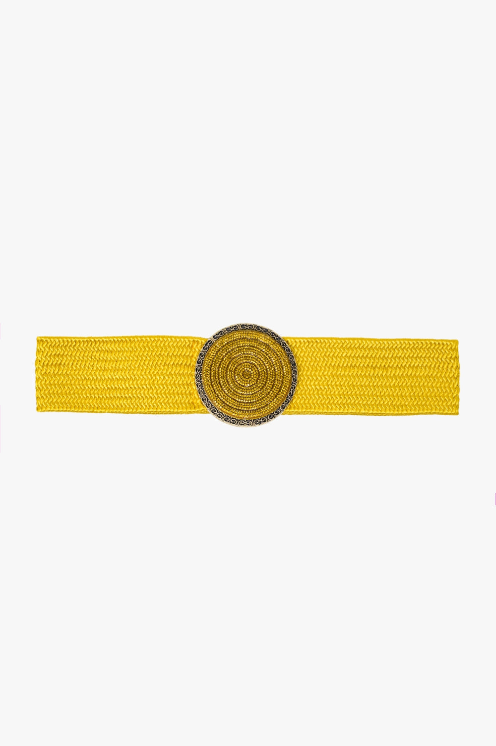 Q2 Cinturón tejido amarillo con hebilla redonda con strass