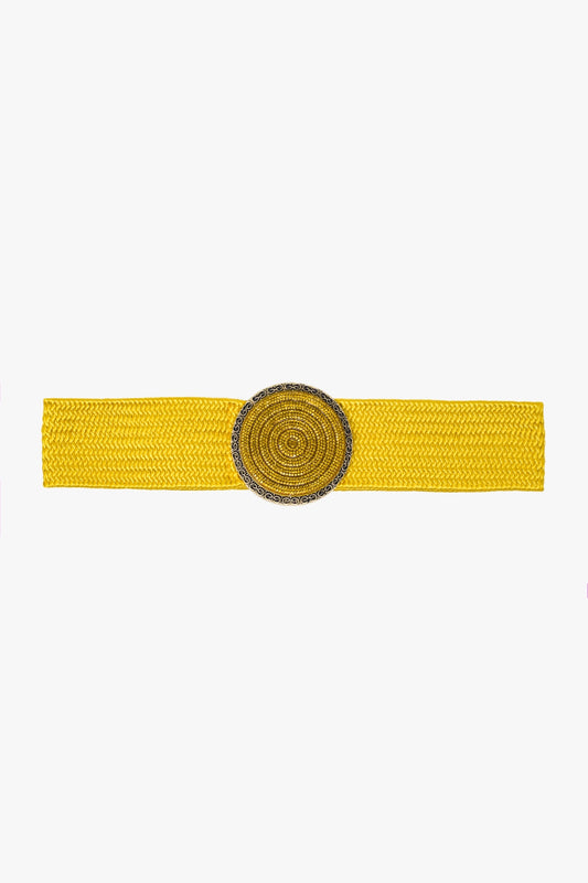 Q2 Cinturón tejido amarillo con hebilla redonda con strass