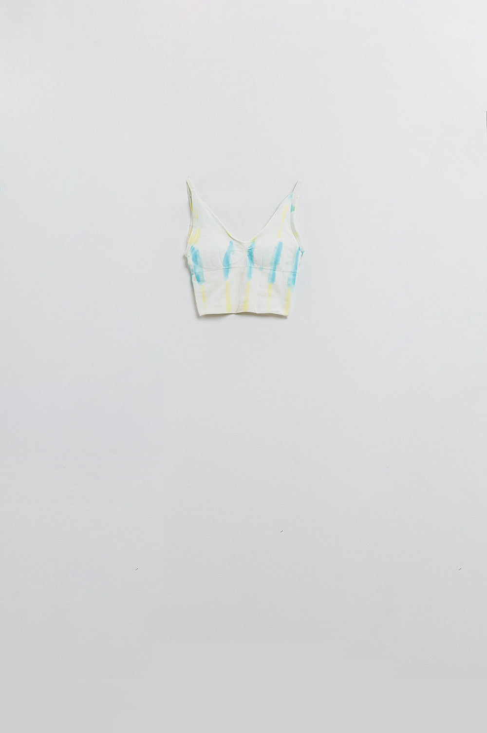 Q2 Crop Top blanco sin costuras con Tie-Dye multicolor