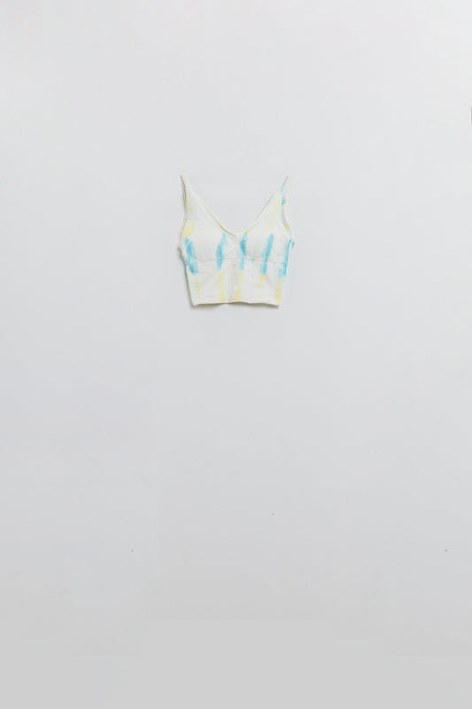 Q2 Crop Top blanco sin costuras con Tie-Dye multicolor