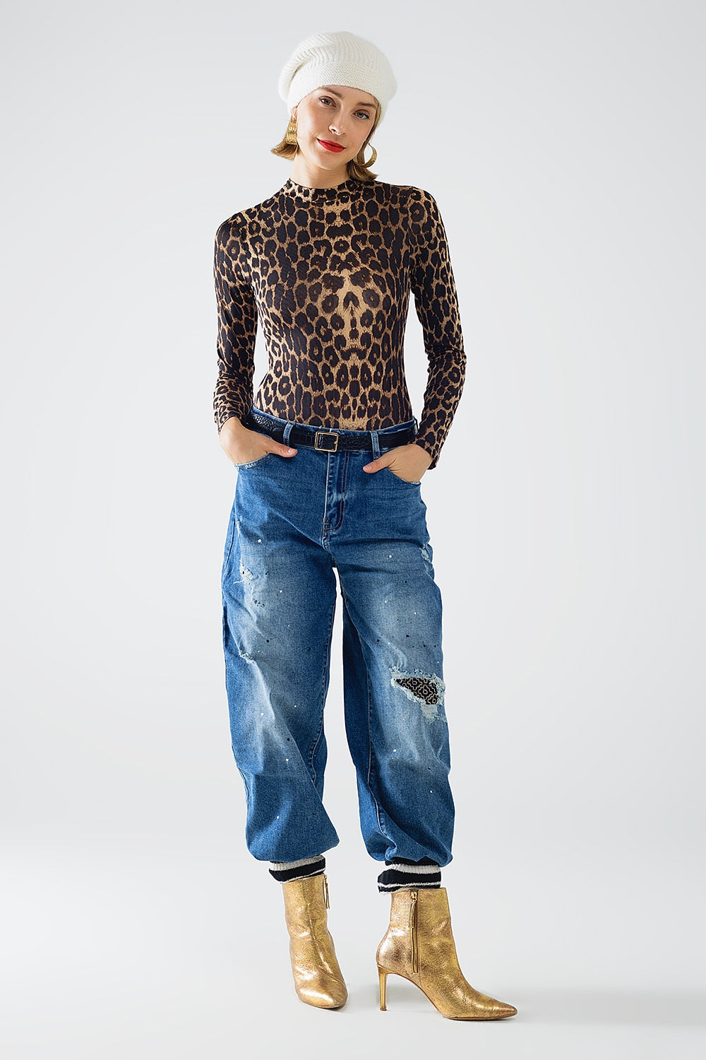 Cuerpo de Spandex con estampado de leopardo y manga larga Q2