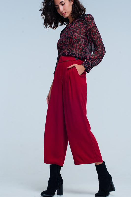Q2 Culottes granate de pierna ancha con detalle cintura