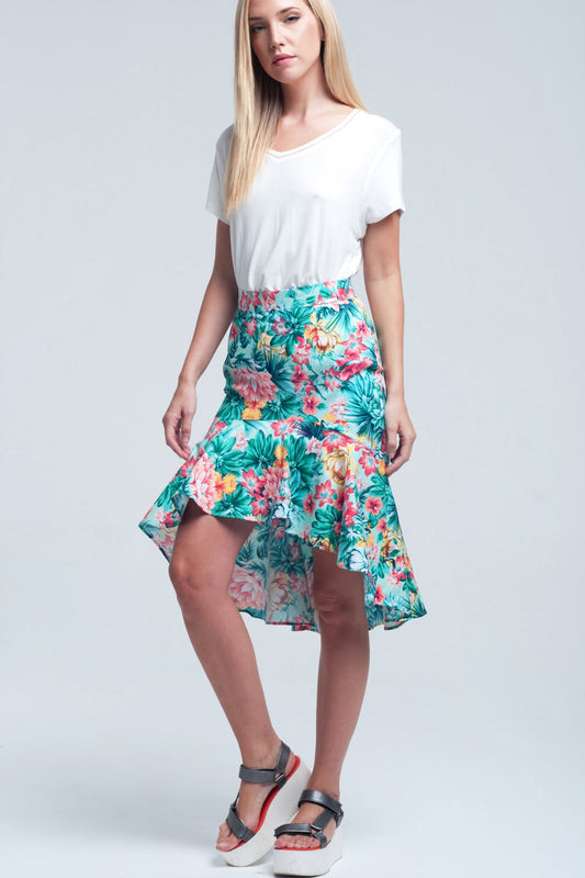 Q2 Falda floral asimétrica de color verde