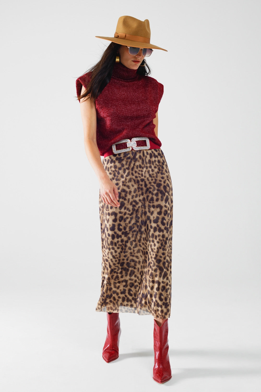 falda larga bodycon midi de leopardo transparente Q2